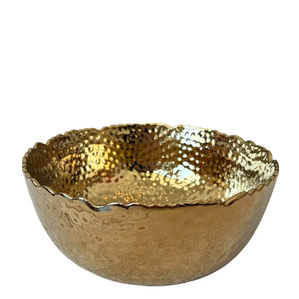 Hammered Gold Enameled Serving Bowl 8.5in Ceramic Chic Holiday Hosting NEW